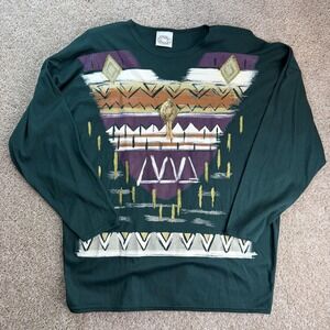 Sassy Sport Shirt Womens XL Green Southwestern Geometric Tassel Long Sleeve Top